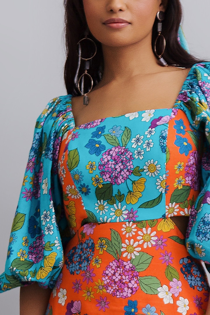 Tangy Orange & Blue Printed Cut-Out Vacation Dress by Nautanky By Nilesh Parashar at Pernia's Pop Up Shop