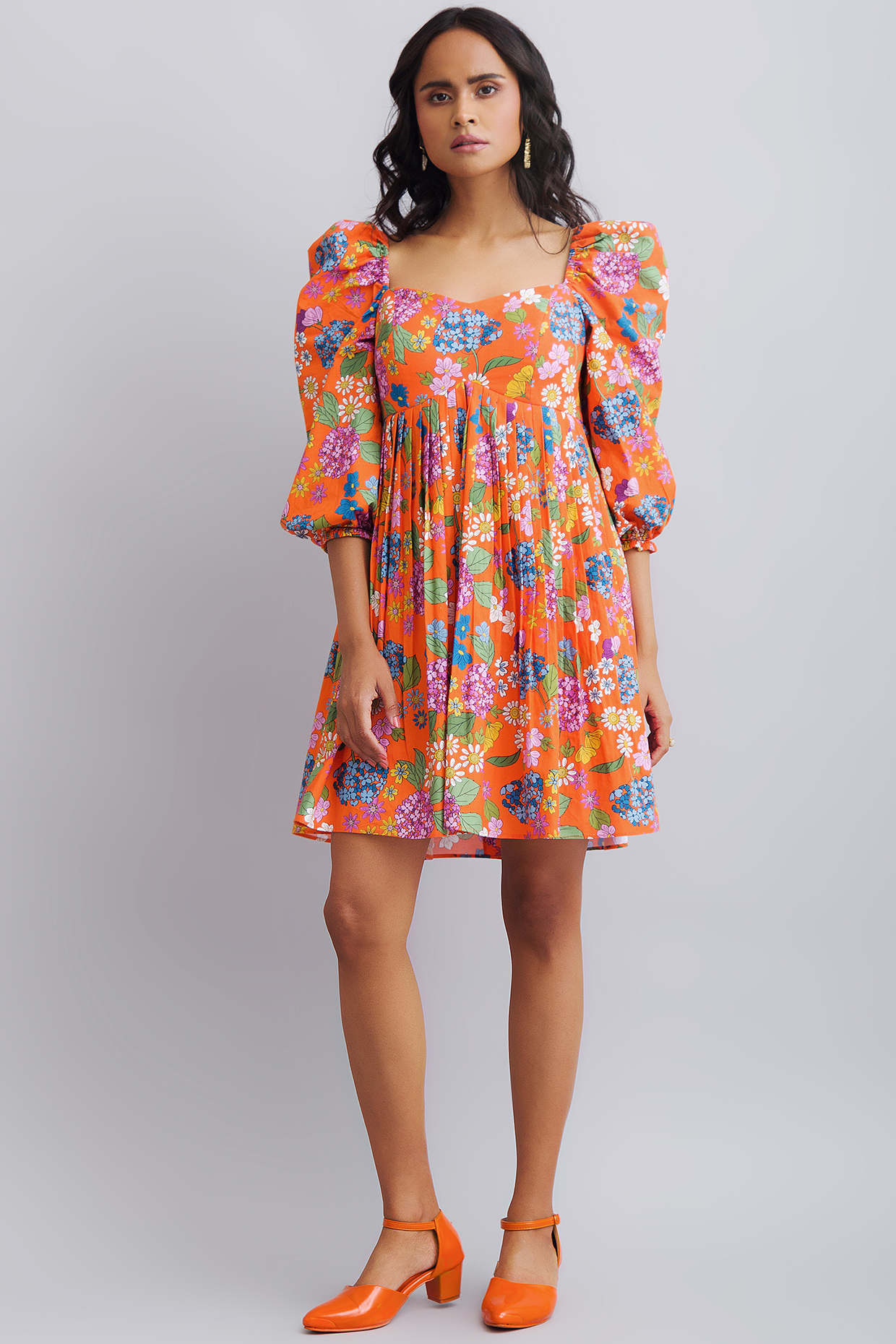 Tangy Orange Printed Gathered Dress by Nautanky By Nilesh Parashar at Pernia's Pop Up Shop