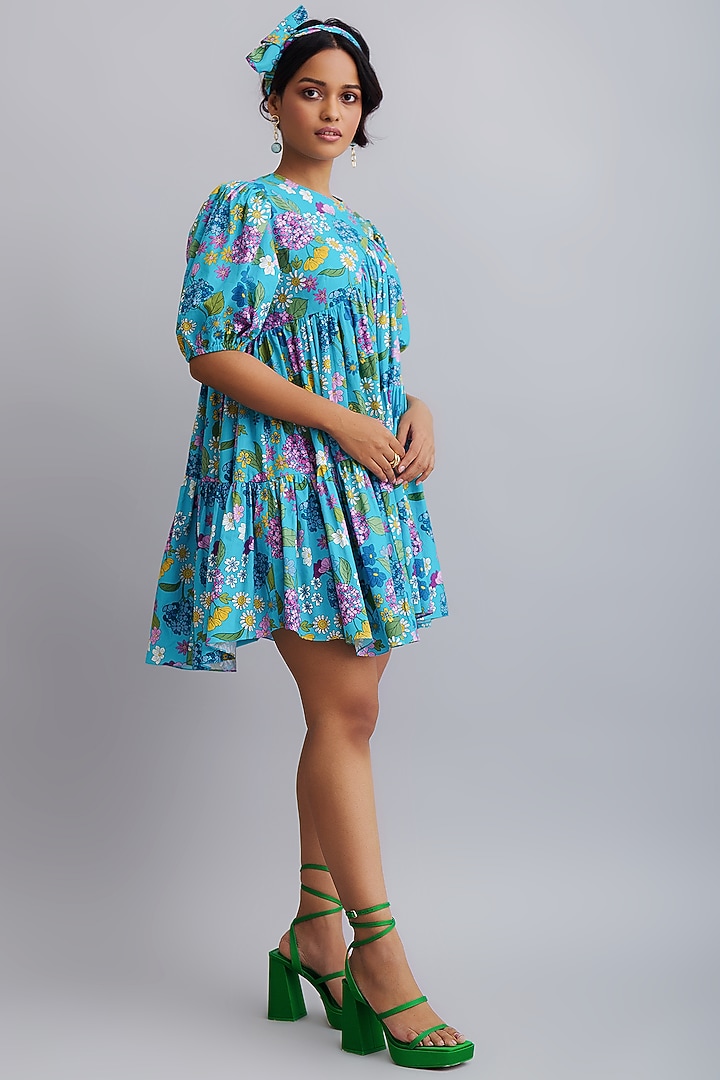 Turquoise Printed Tiered Vacation Dress by Nautanky By Nilesh Parashar at Pernia's Pop Up Shop