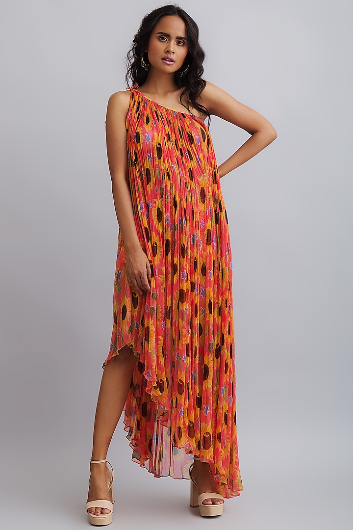 Coral Printed One-Shoulder Maxi Dress by Nautanky By Nilesh Parashar