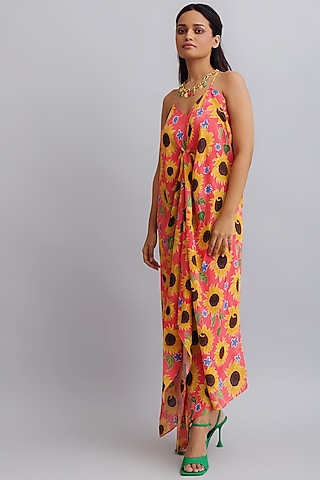 Coral Printed Draped Dress by Nautanky By Nilesh Parashar