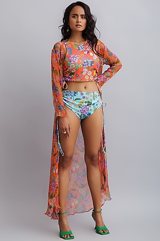 Tangy Orange & Blue Printed Bikini Set With Cape by Nautanky By Nilesh Parashar