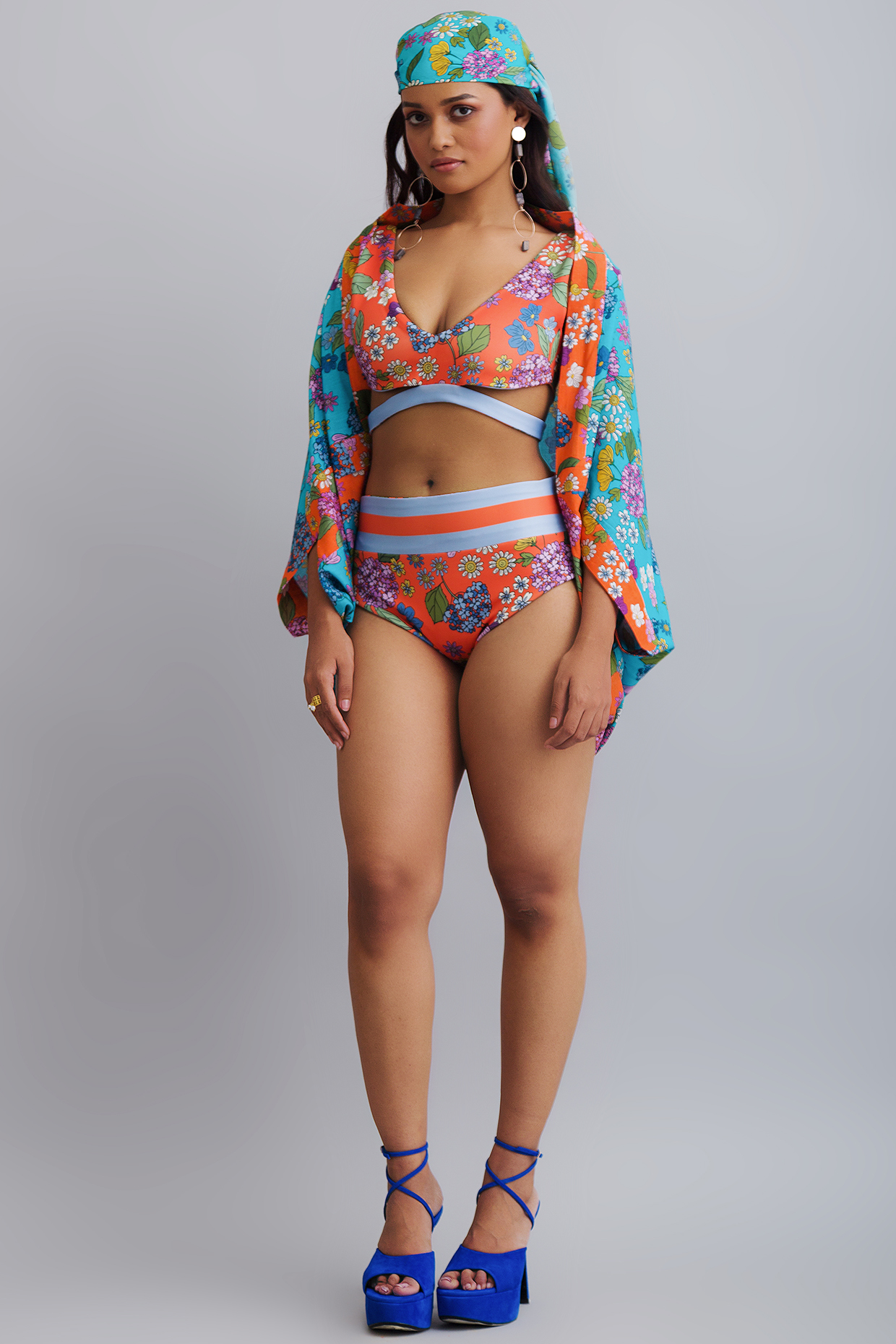 Tangy Orange Printed Bikini Set With Cape by Nautanky By Nilesh Parashar