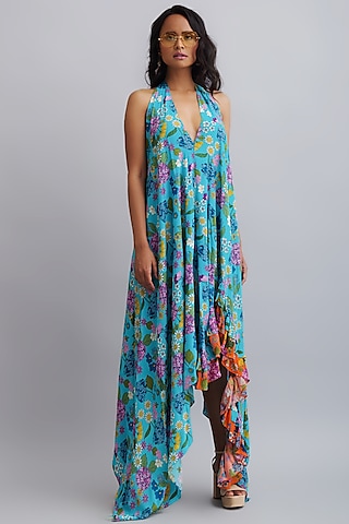 Turquoise Printed Ruffled Dress by Nautanky By Nilesh Parashar