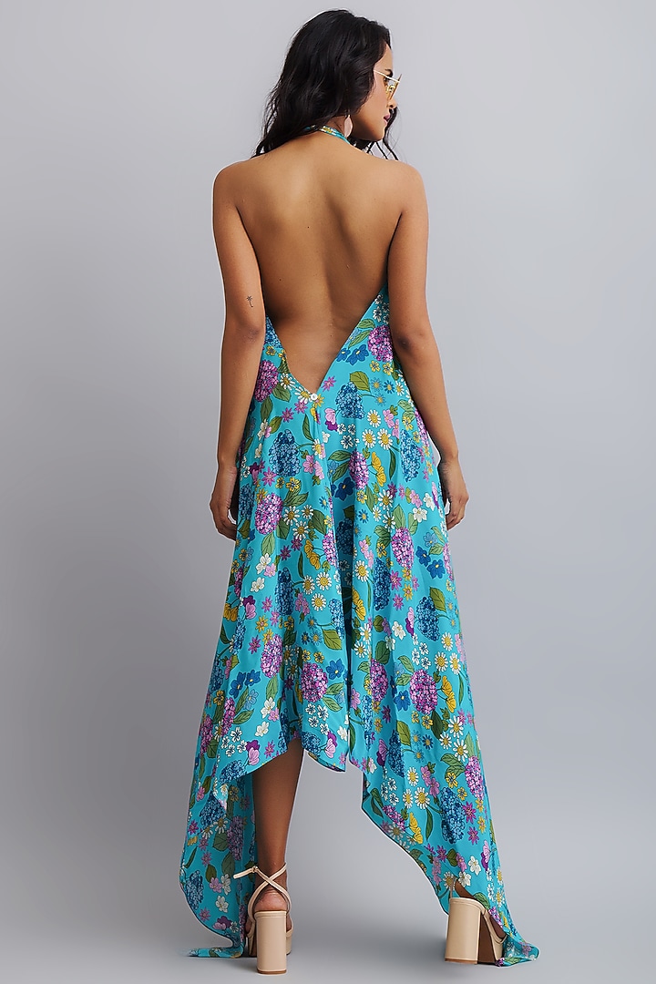 Turquoise Printed Ruffled Vacation Dress by Nautanky By Nilesh Parashar at Pernia's Pop Up Shop