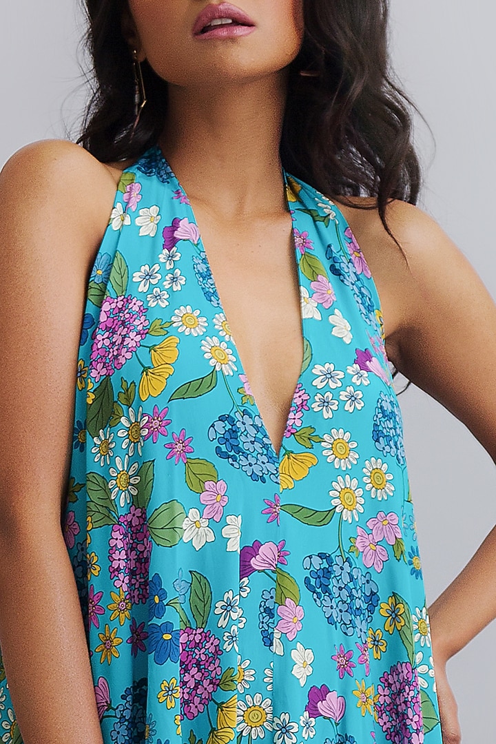Turquoise Printed Ruffled Vacation Dress by Nautanky By Nilesh Parashar at Pernia's Pop Up Shop