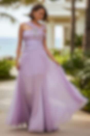 Lilac Soft Net Floral Embroidered Sculpted Engagement Gown by Nautanky By Nilesh Parashar at Pernia's Pop Up Shop