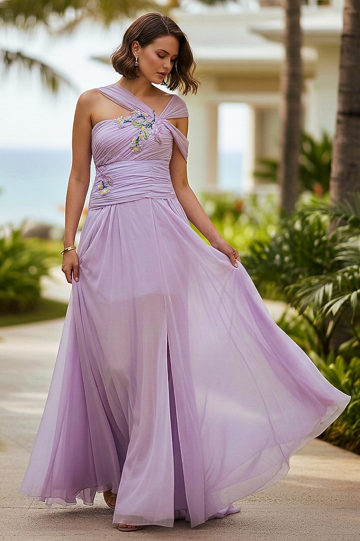 Lilac Soft Net Floral Embroidered Sculpted Engagement Gown by Nautanky By Nilesh Parashar at Pernia's Pop Up Shop