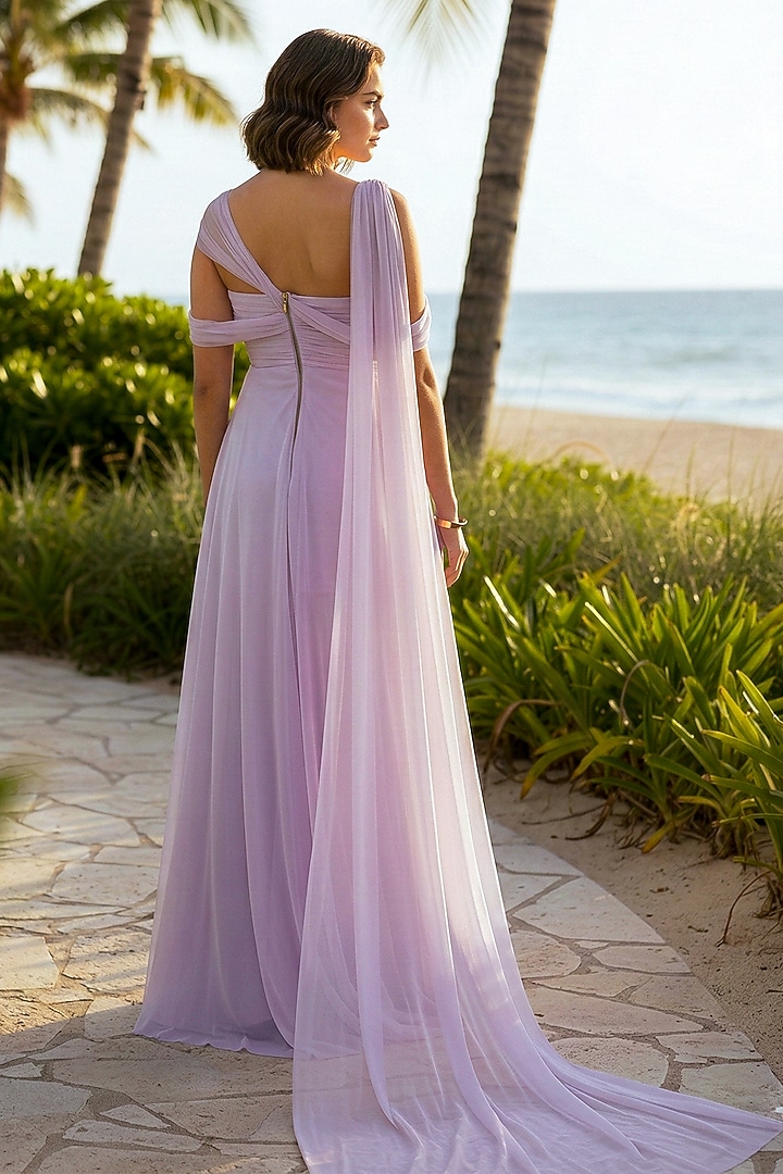 Lilac Soft Net Floral Embroidered Sculpted Engagement Gown by Nautanky By Nilesh Parashar at Pernia's Pop Up Shop