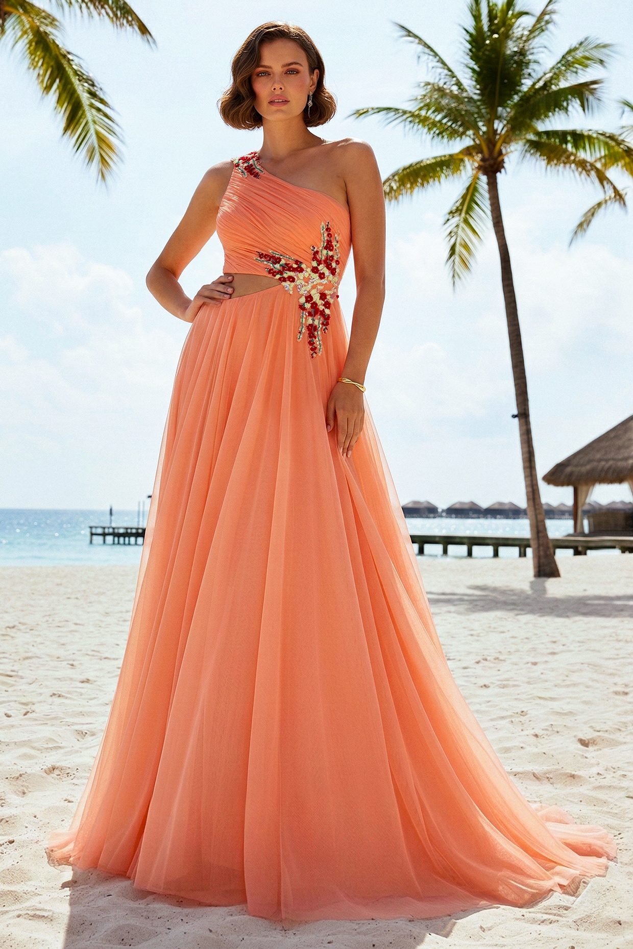 Nautanky By Nilesh Parashar Peach Soft Net Floral Embroidered One-Shoulder Gown