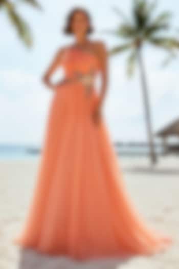 Peach Soft Net Floral Embroidered One-Shoulder Engagement Gown by Nautanky By Nilesh Parashar at Pernia's Pop Up Shop