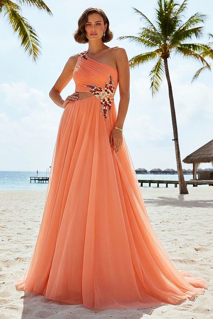 Peach Soft Net Floral Embroidered One-Shoulder Engagement Gown by Nautanky By Nilesh Parashar at Pernia's Pop Up Shop