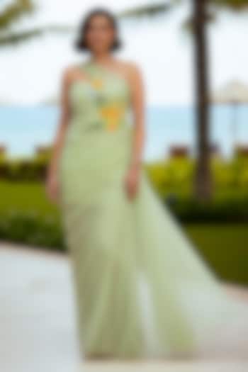 Green Soft Net Floral Embroidered Structured Engagement Gown by Nautanky By Nilesh Parashar at Pernia's Pop Up Shop