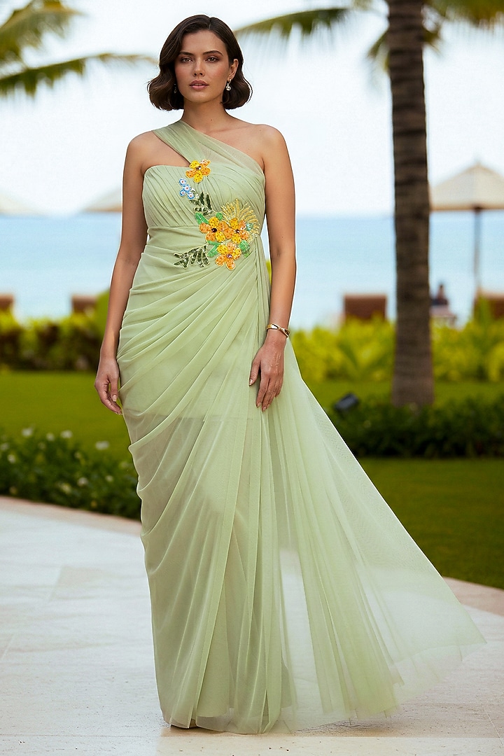 Green Soft Net Floral Embroidered Structured Engagement Gown by Nautanky By Nilesh Parashar at Pernia's Pop Up Shop