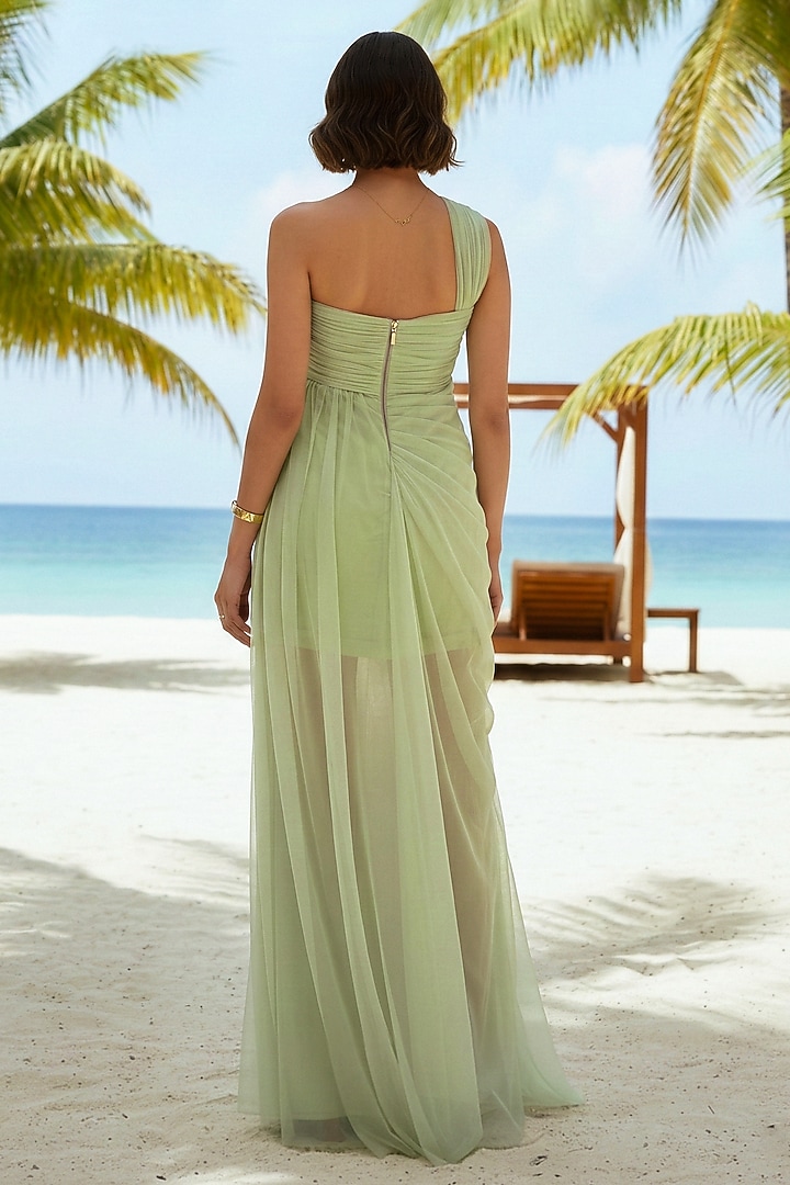 Green Soft Net Floral Embroidered Structured Engagement Gown by Nautanky By Nilesh Parashar at Pernia's Pop Up Shop