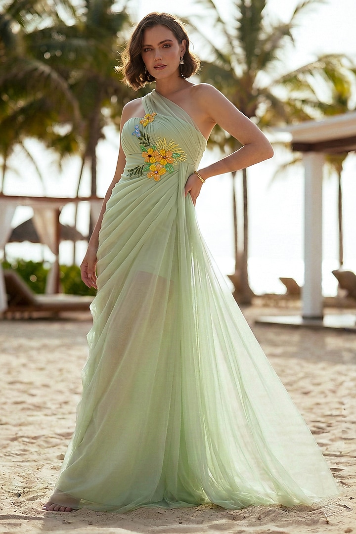 Green Soft Net Floral Embroidered Structured Engagement Gown by Nautanky By Nilesh Parashar at Pernia's Pop Up Shop