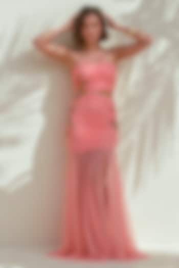 Pink Soft Net Floral Embroidered Sculpted Engagement Gown by Nautanky By Nilesh Parashar at Pernia's Pop Up Shop