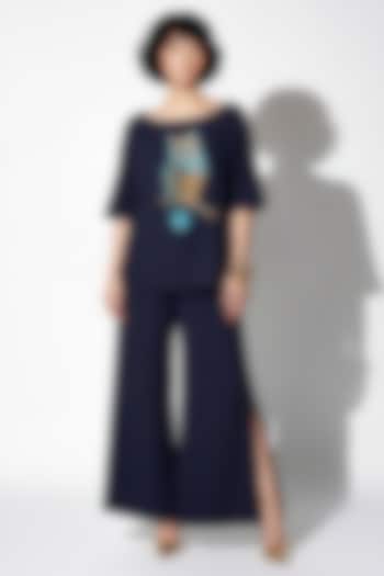 Navy Blue Italian Crepe Owl Hand Embroidered Co-Ord Set by Nautanky By Nilesh Parashar at Pernia's Pop Up Shop
