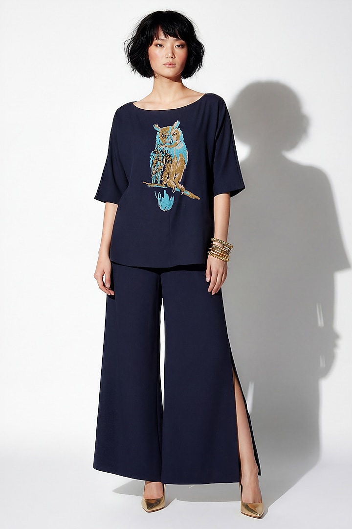 Navy Blue Italian Crepe Owl Hand Embroidered Co-Ord Set by Nautanky By Nilesh Parashar at Pernia's Pop Up Shop