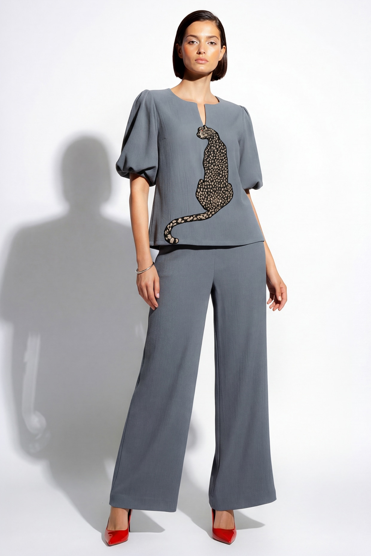 Nautanky By Nilesh Parashar Grey Italian Crepe Leopard Hand Embroidered Co-Ord Set