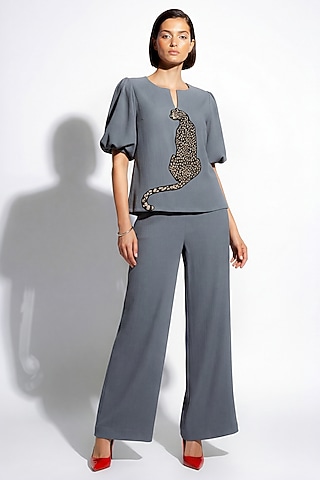 Grey Italian Crepe Leopard Hand Embroidered Co-Ord Set by Nautanky By Nilesh Parashar