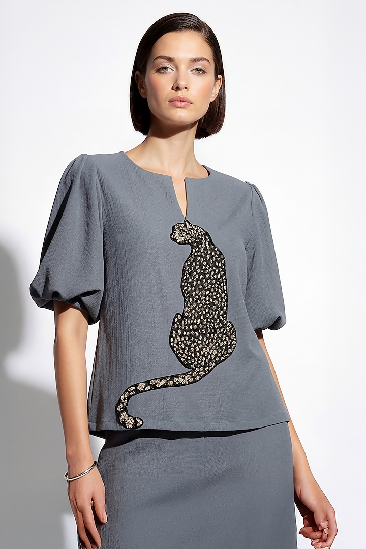 Grey Italian Crepe Leopard Hand Embroidered Co-Ord Set by Nautanky By Nilesh Parashar at Pernia's Pop Up Shop