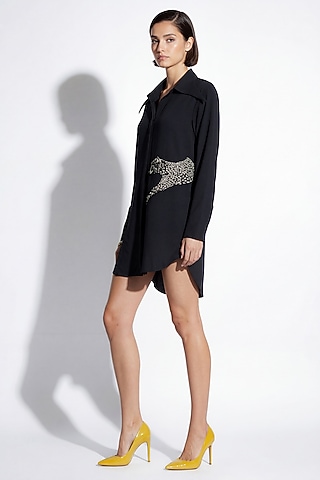 Jet Black Italian Crepe Bead Embroidered Shirt Dress by Nautanky By Nilesh Parashar