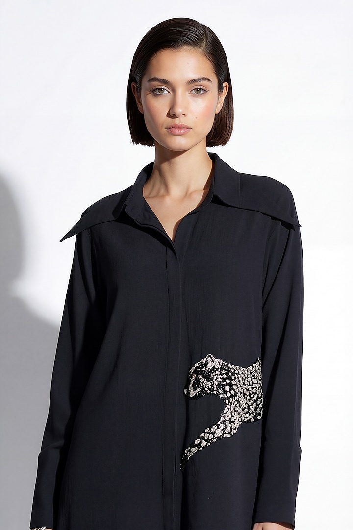 Jet Black Italian Crepe Bead Embroidered Shirt Vacation Dress by Nautanky By Nilesh Parashar at Pernia's Pop Up Shop