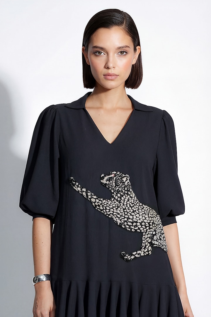 Jet Black Italian Crepe Bead Embroidered A-Line Vacation Dress by Nautanky By Nilesh Parashar at Pernia's Pop Up Shop