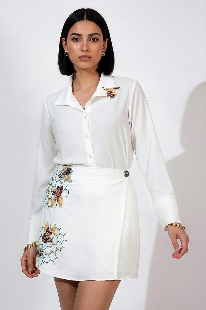 White Italian Crepe Bead Embroidered Co-Ord Set by Nautanky By Nilesh Parashar at Pernia's Pop Up Shop