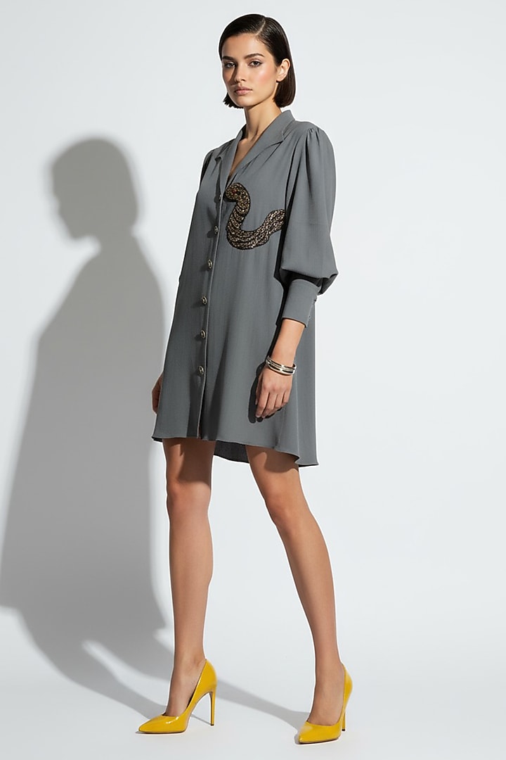 Grey Italian Crepe Bead Snake Embroidered Vacation Dress by Nautanky By Nilesh Parashar at Pernia's Pop Up Shop