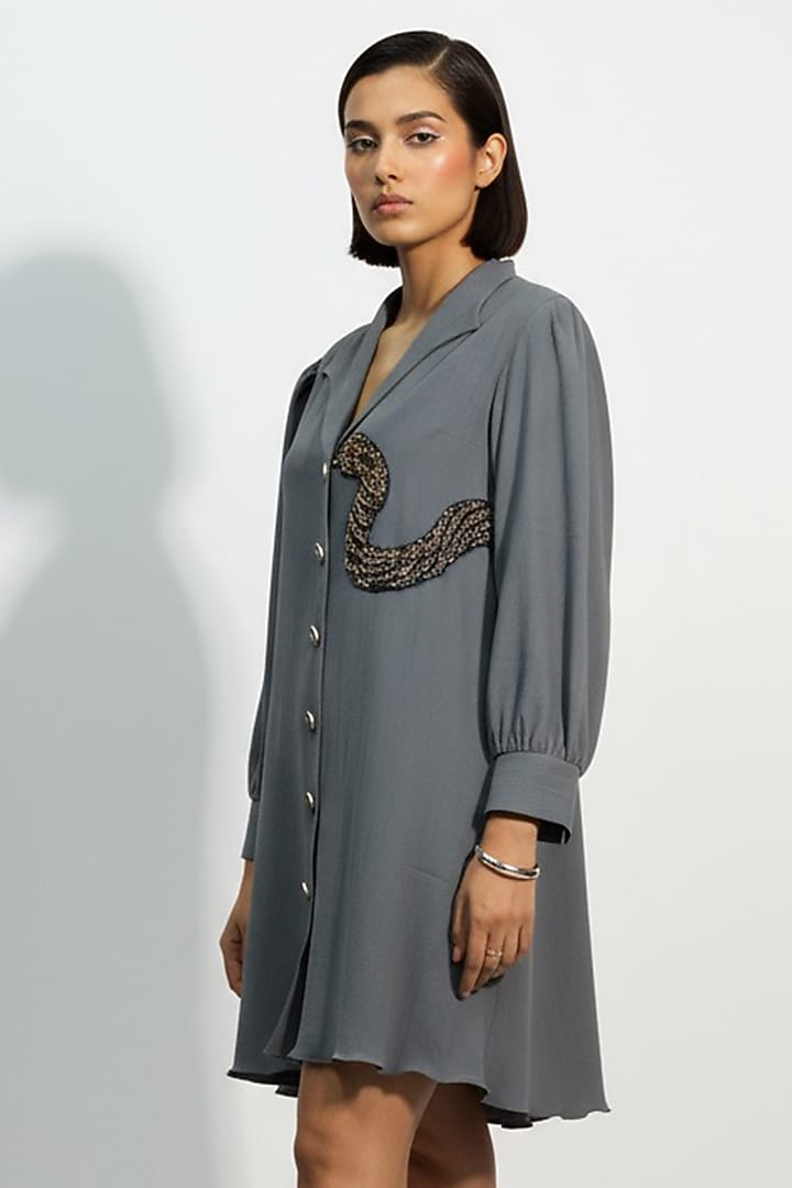 Grey Italian Crepe Bead Snake Embroidered Vacation Dress by Nautanky By Nilesh Parashar at Pernia's Pop Up Shop