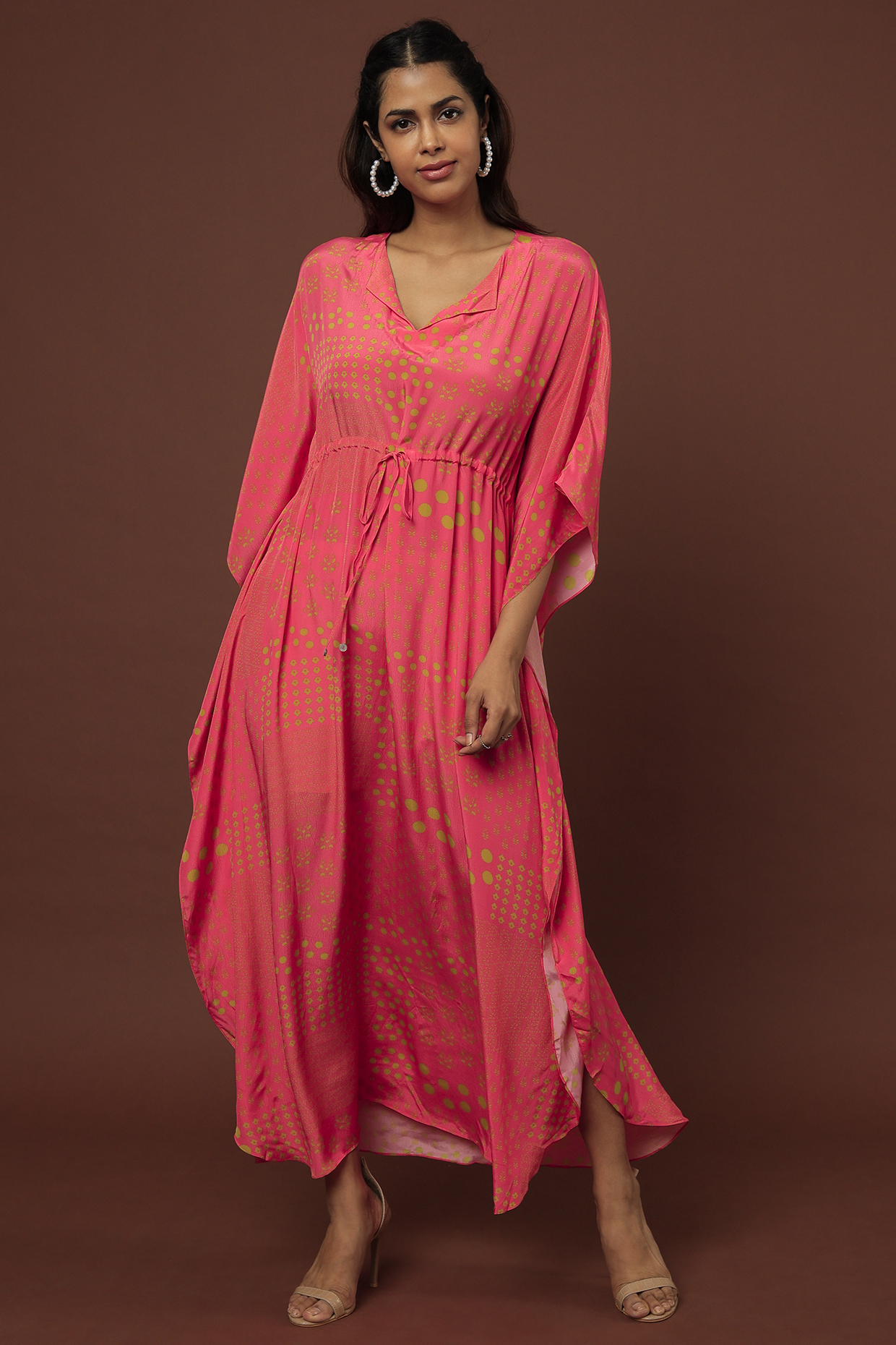 Peach Crepe Printed Kaftan by Nautanky By Nilesh Parashar at Pernia's Pop Up Shop