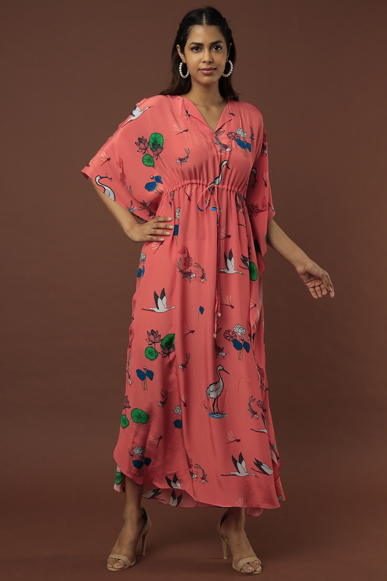 Peach Printed Kaftan by Nautanky By Nilesh Parashar at Pernia's Pop Up Shop