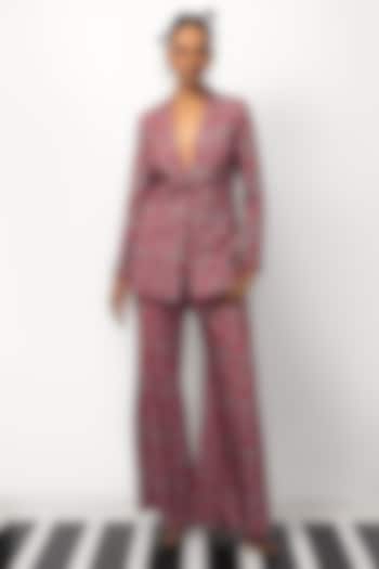 Grey & Pink Dola Silk Printed Blazer Set by Nautanky By Nilesh Parashar at Pernia's Pop Up Shop