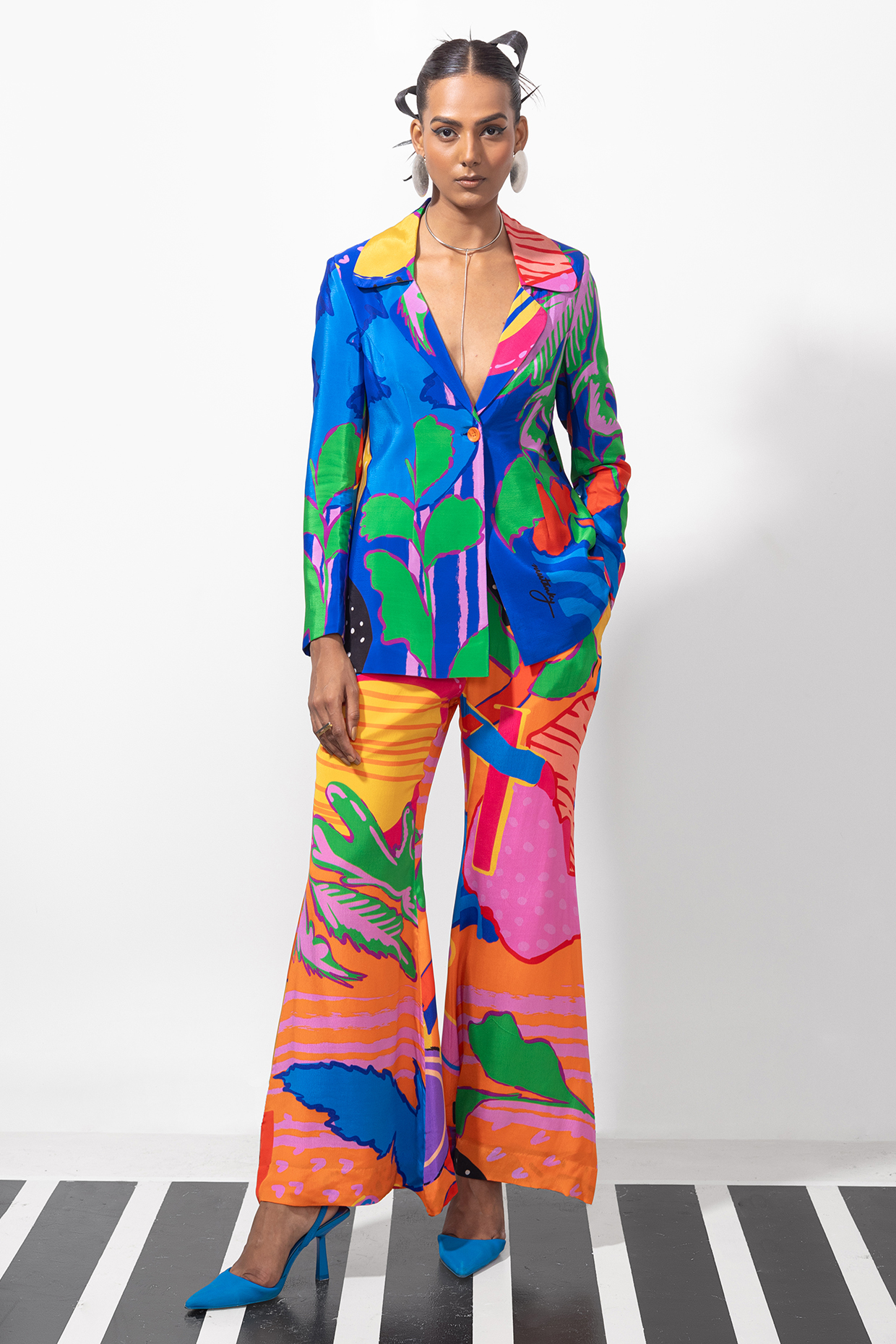 Multi-Colored Natural Crepe Printed Blazer Set by Nautanky By Nilesh Parashar at Pernia's Pop Up Shop