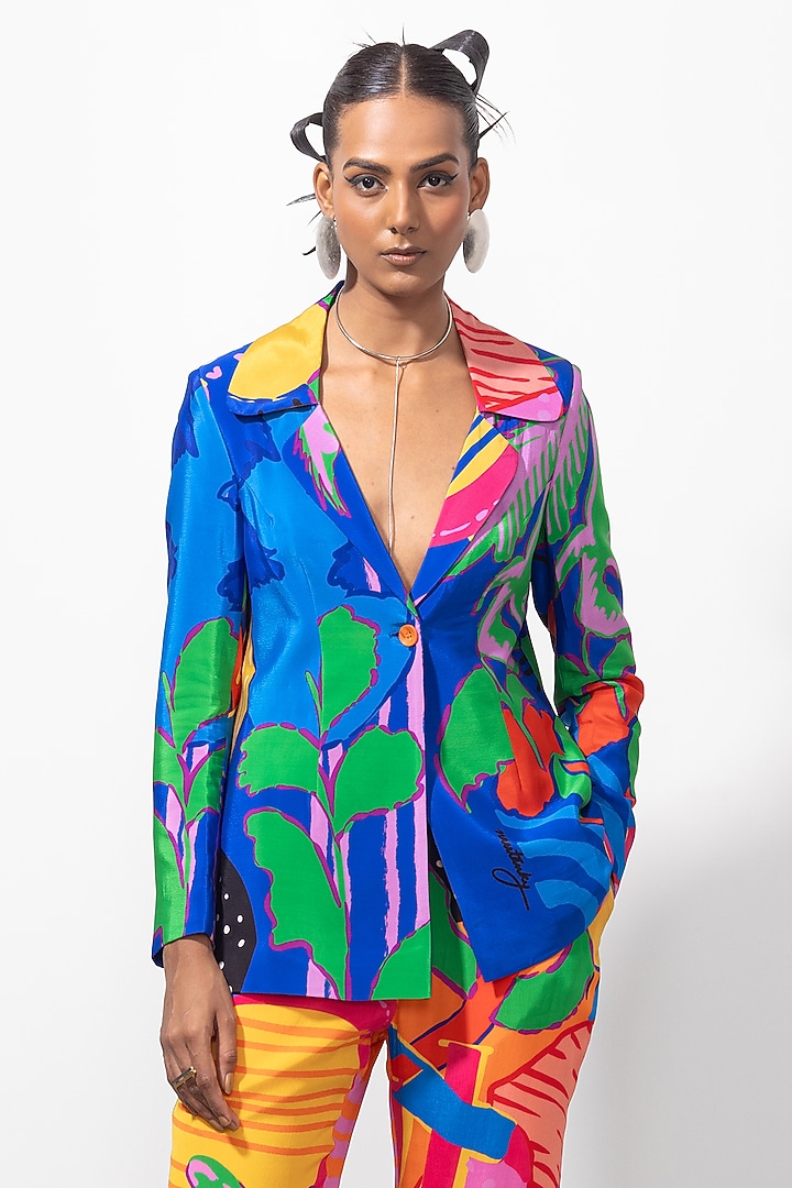 Multi-Colored Natural Crepe Printed Blazer Set by Nautanky By Nilesh Parashar at Pernia's Pop Up Shop