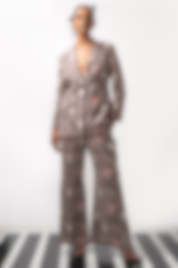 Grey & Pink Natural Crepe Printed Blazer Set by Nautanky By Nilesh Parashar at Pernia's Pop Up Shop