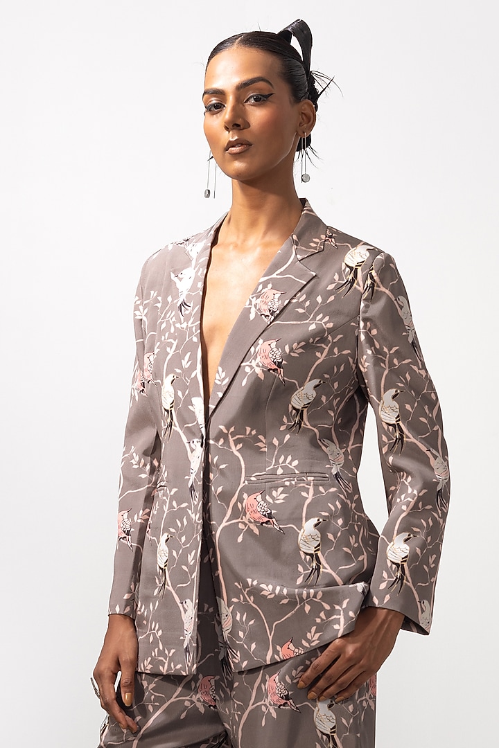 Grey & Pink Natural Crepe Printed Blazer Set by Nautanky By Nilesh Parashar at Pernia's Pop Up Shop