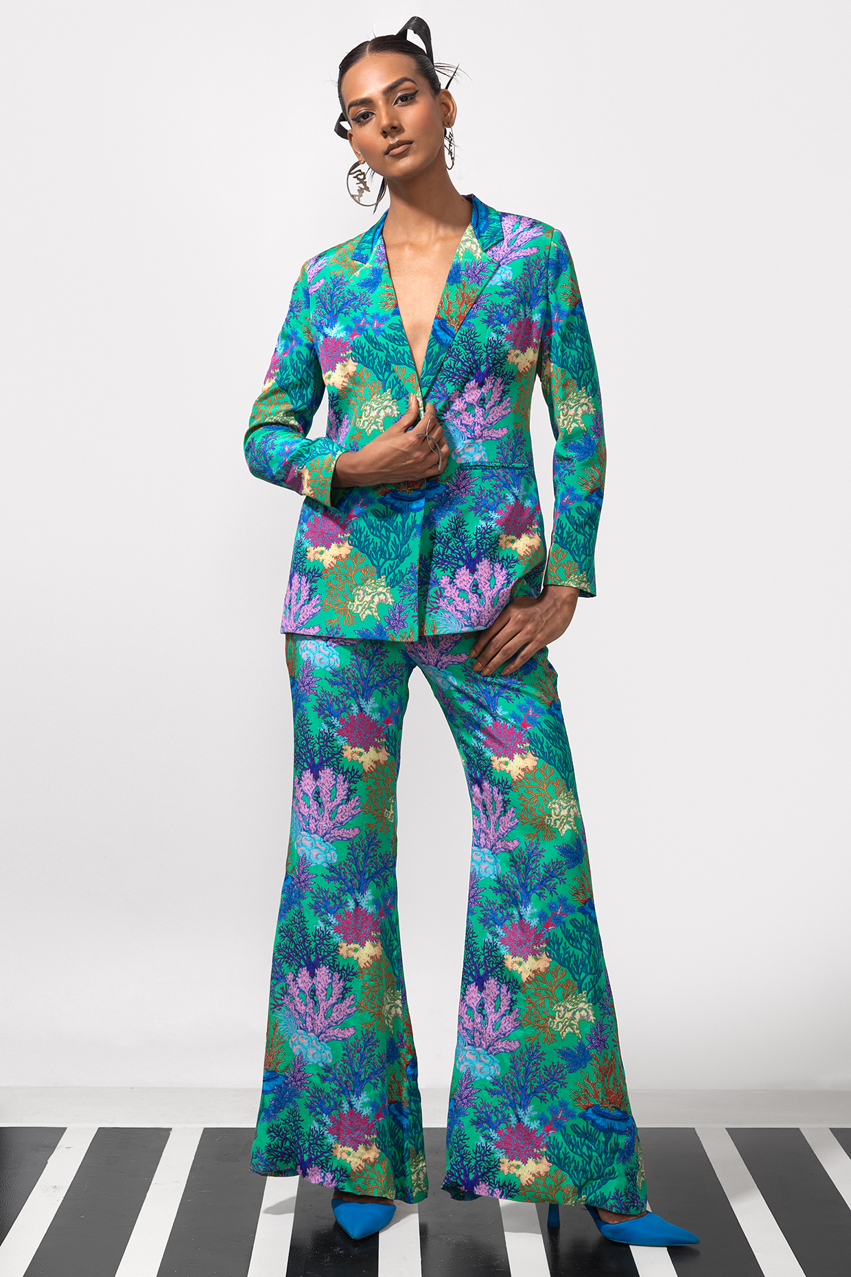Green & Multi-Colored Natural Crepe Printed Blazer Set by Nautanky By Nilesh Parashar at Pernia's Pop Up Shop