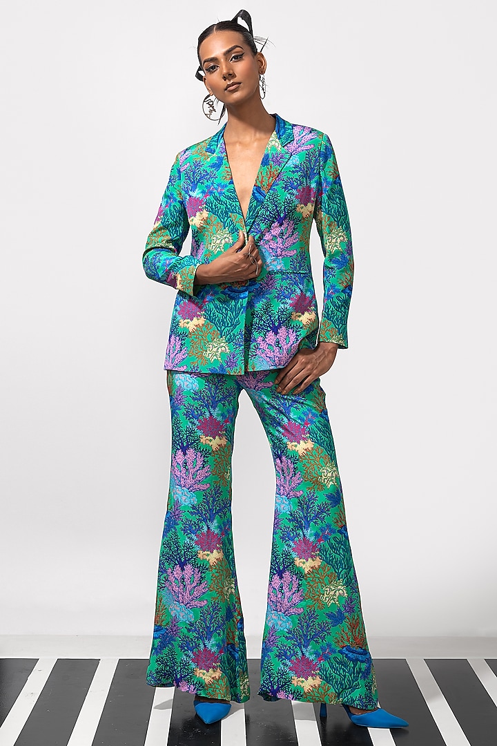 Green & Multi-Colored Natural Crepe Printed Blazer Set by Nautanky By Nilesh Parashar at Pernia's Pop Up Shop