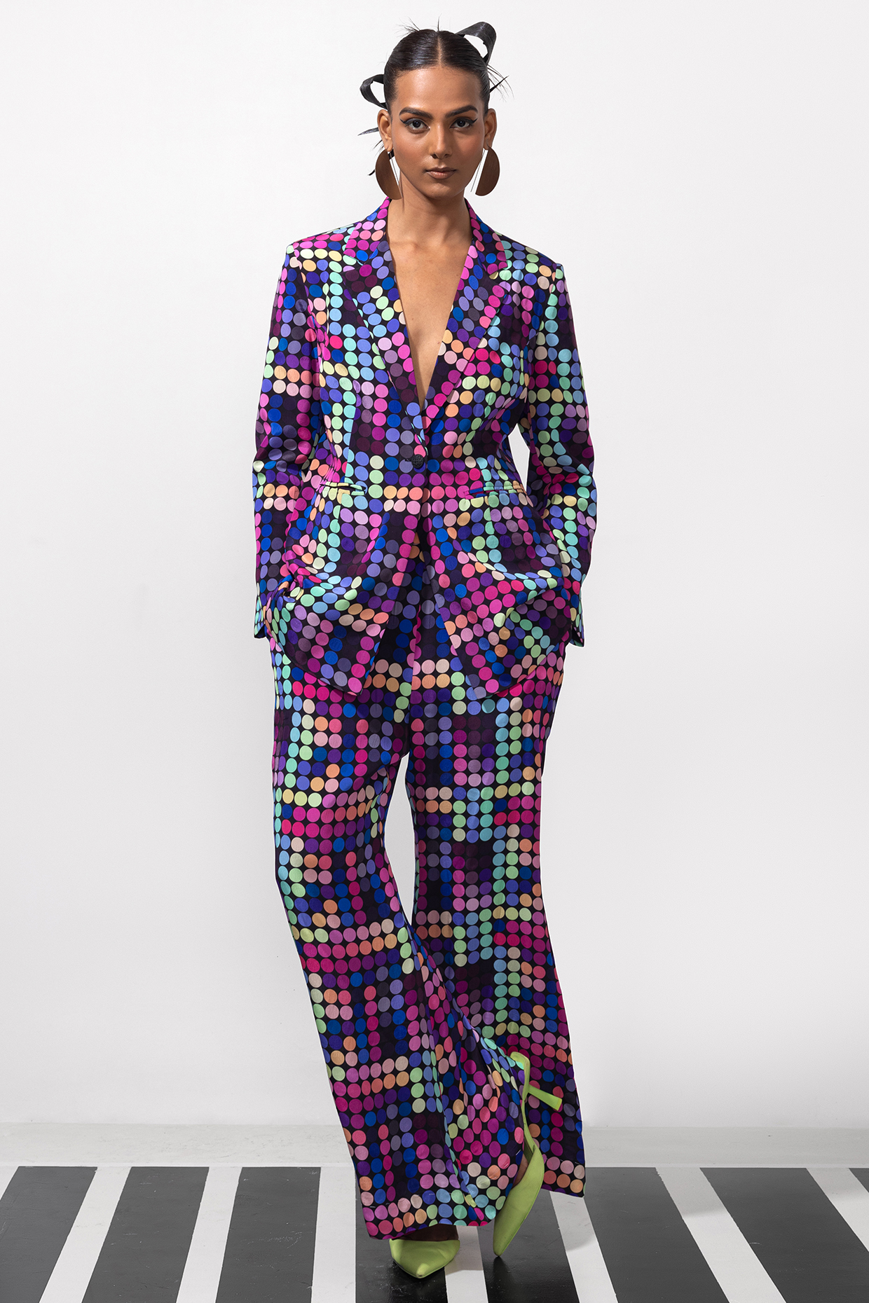Multi-Colored Natural Crepe Printed Blazer Set by Nautanky By Nilesh Parashar at Pernia's Pop Up Shop