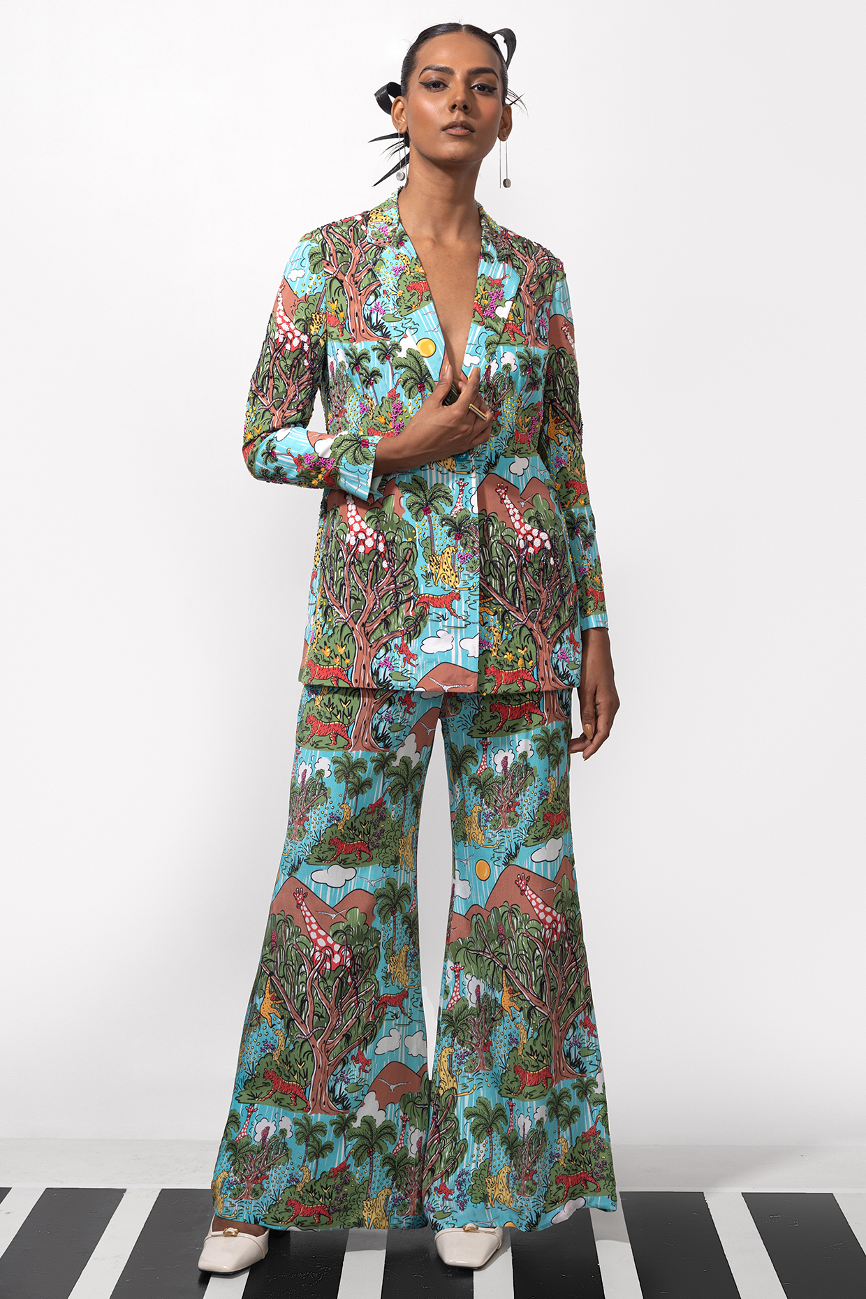 Multi-Colored Natural Crepe Printed and Embroidered Blazer Set by Nautanky By Nilesh Parashar at Pernia's Pop Up Shop