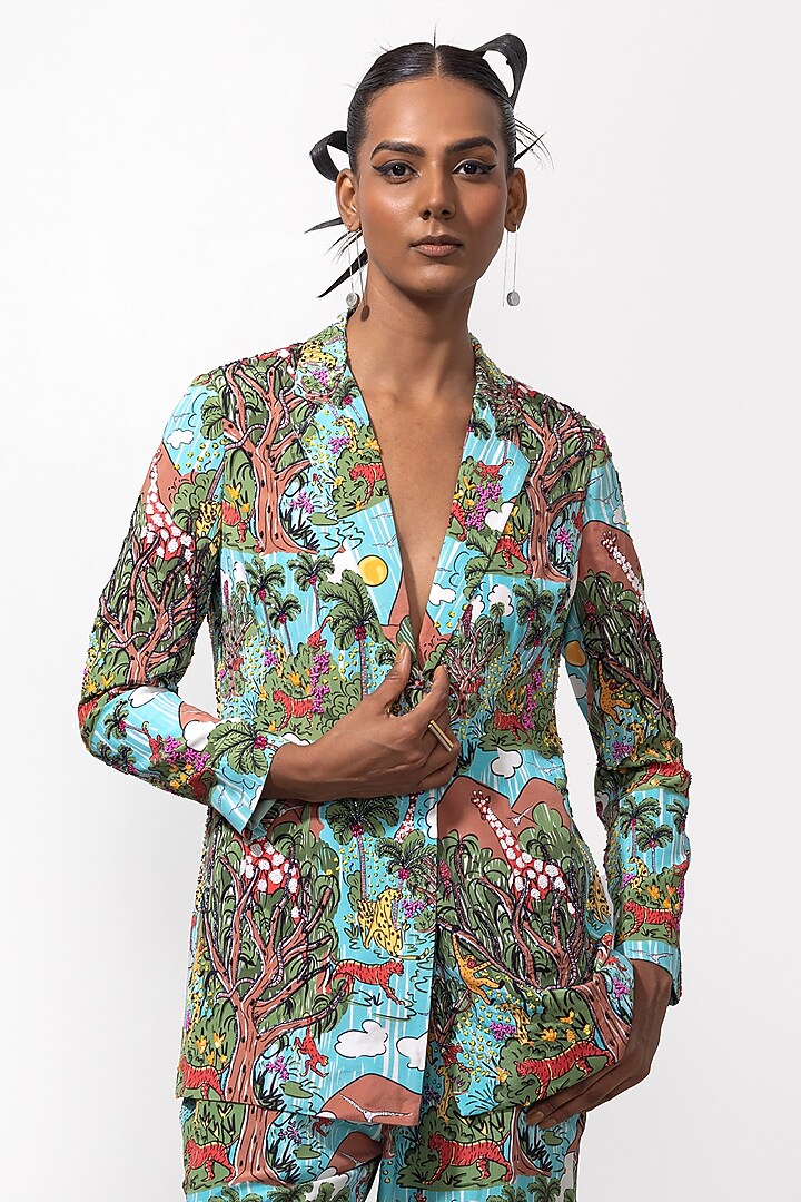Multi-Colored Natural Crepe Printed and Embroidered Blazer Set by Nautanky By Nilesh Parashar at Pernia's Pop Up Shop