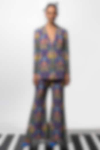 Dark Blue & Multi-Colored Natural Crepe Printed Blazer Set by Nautanky By Nilesh Parashar at Pernia's Pop Up Shop