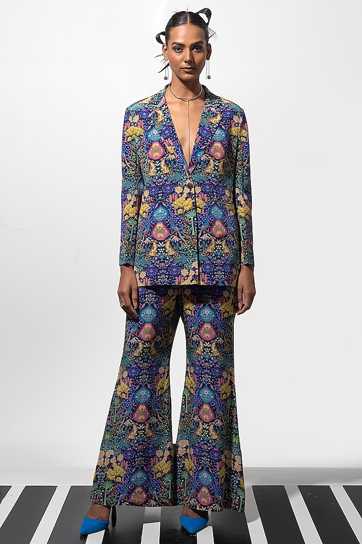 Dark Blue & Multi-Colored Natural Crepe Printed Blazer Set by Nautanky By Nilesh Parashar at Pernia's Pop Up Shop