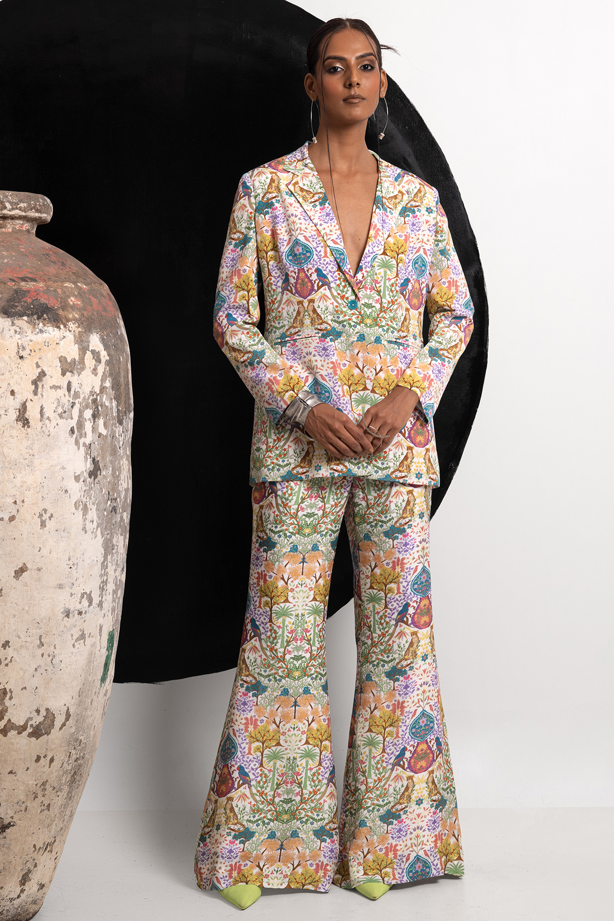 Ivory & Multi-Colored Natural Crepe Printed Blazer Set by Nautanky By Nilesh Parashar at Pernia's Pop Up Shop