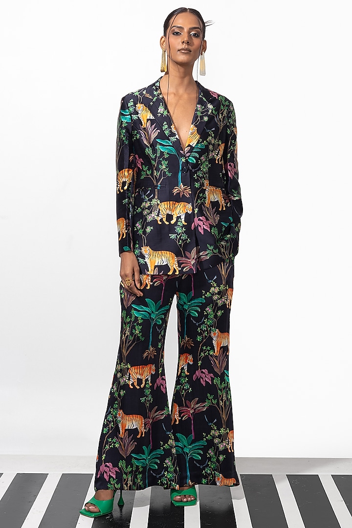 Black & Multi-Colored Satin Printed Blazer Set by Nautanky By Nilesh Parashar at Pernia's Pop Up Shop
