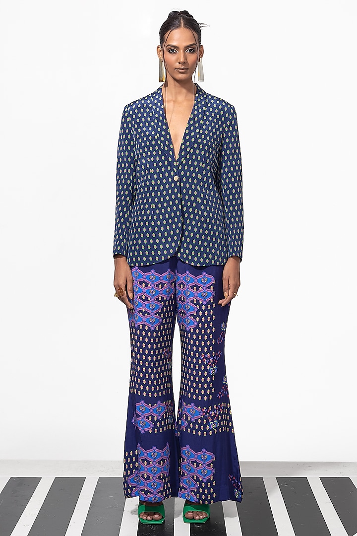 Midnight Blue & Multi-Colored Natural Crepe Printed Blazer Set by Nautanky By Nilesh Parashar at Pernia's Pop Up Shop