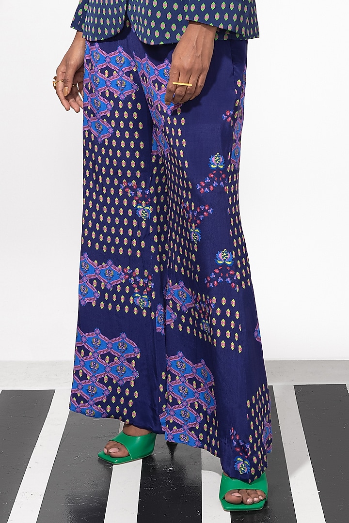 Midnight Blue & Multi-Colored Natural Crepe Printed Blazer Set by Nautanky By Nilesh Parashar at Pernia's Pop Up Shop